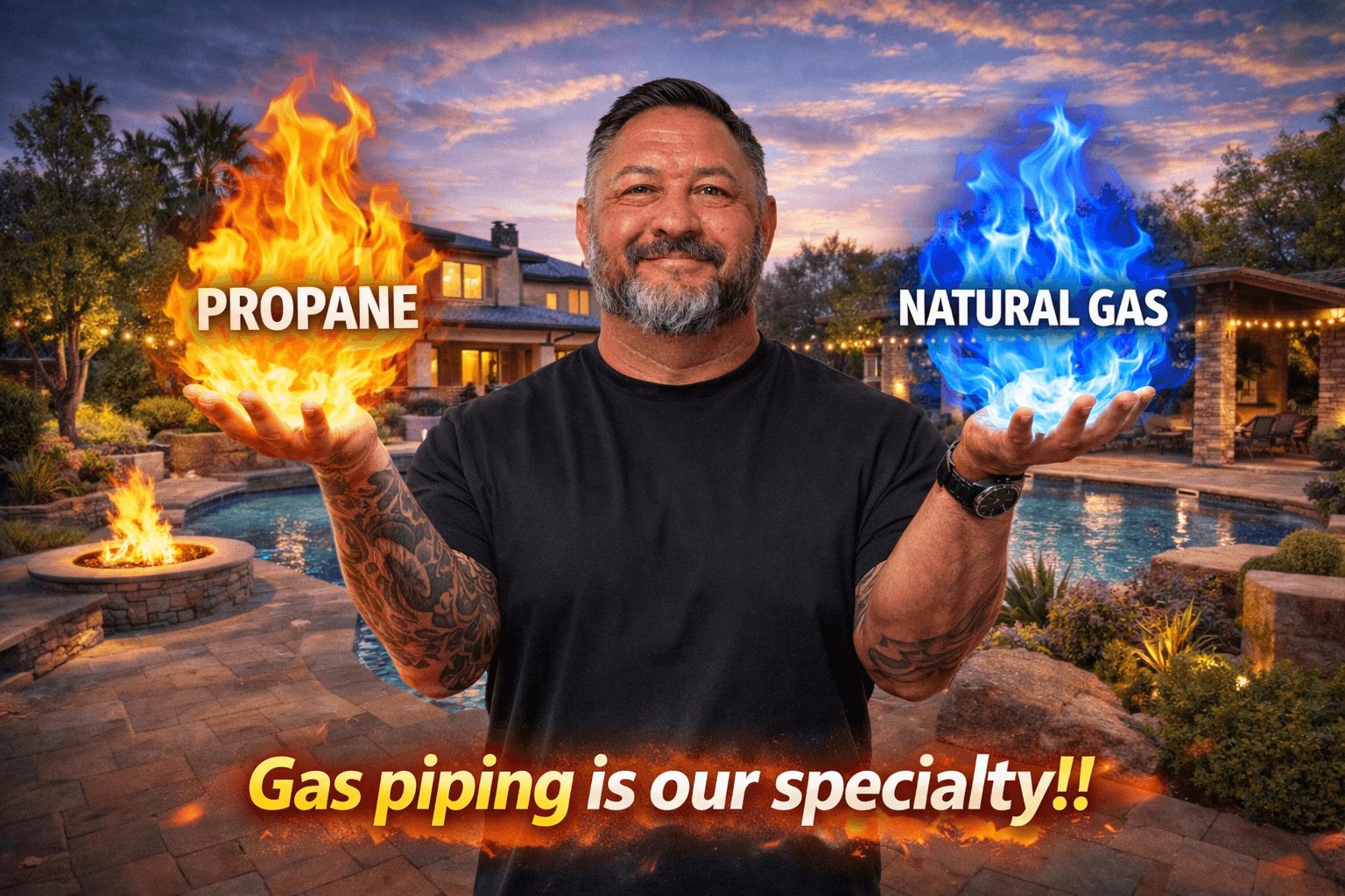 Man with a beard holds flames labeled propane and natural gas outdoors at sunset, smiling, with a pool and house in background.