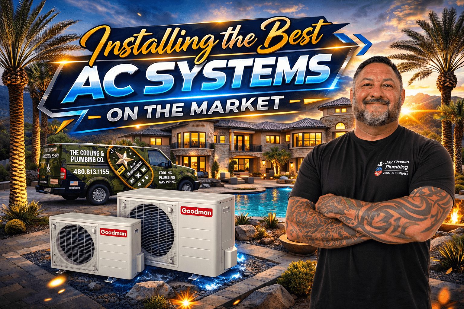 Man with tattoos smiling outdoors near air conditioning units, palm trees, and a house at sunset, promoting AC systems installation.