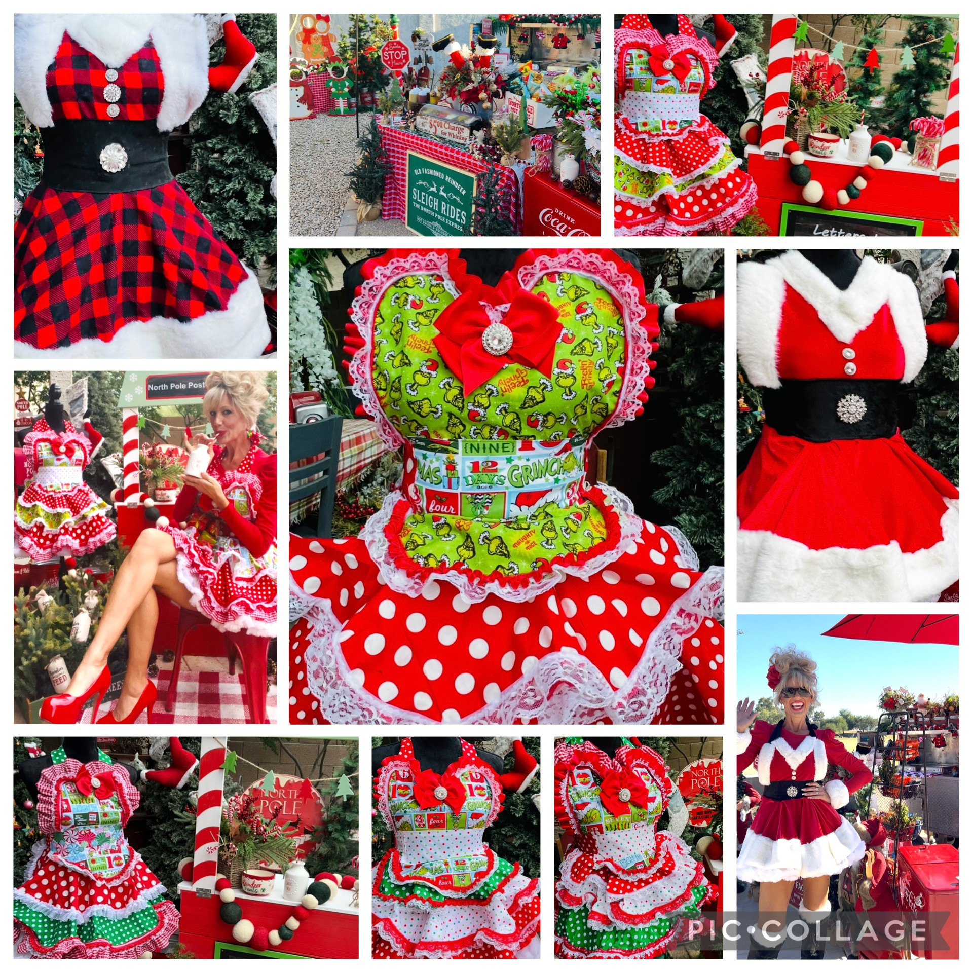 Multiple images of Christmas decorations and people in festive outfits, including a large decorated chair, Christmas-themed clothing, and outdoor scenes.