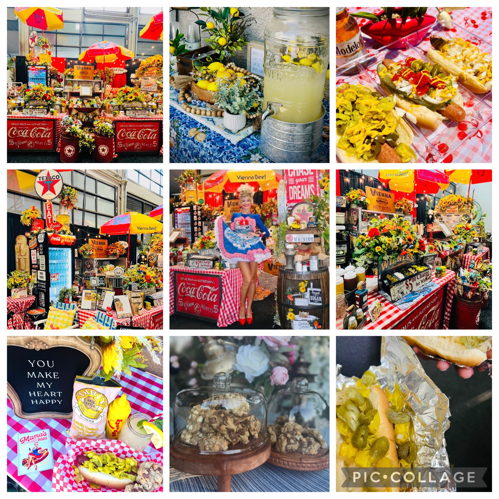 Various colorful market and food display scenes with flowers, food, and decorations, including a person in striped pants, flowers, and snacks.