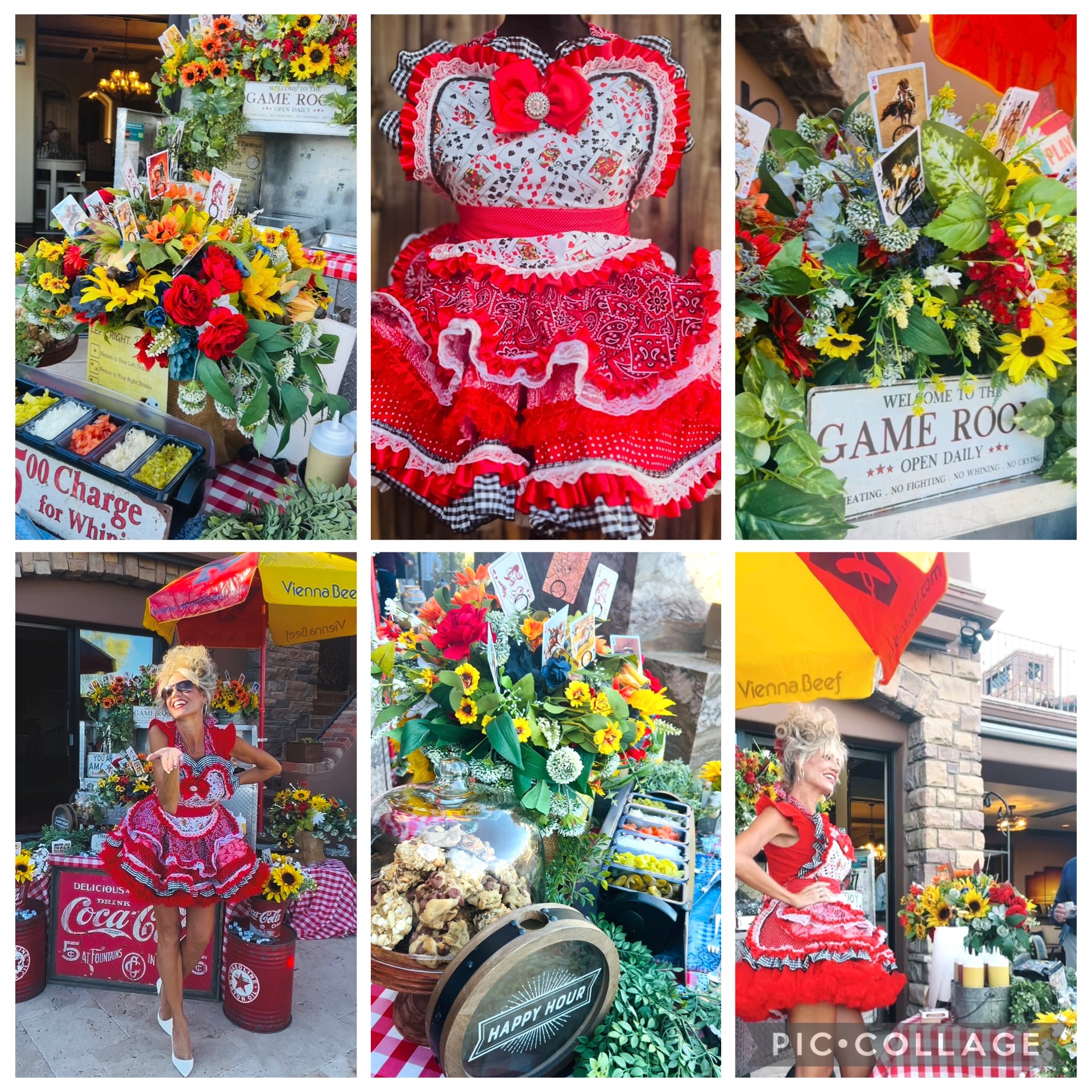 Six images of colorful flower arrangements, a person in a red dress, and decorative items at a celebration.