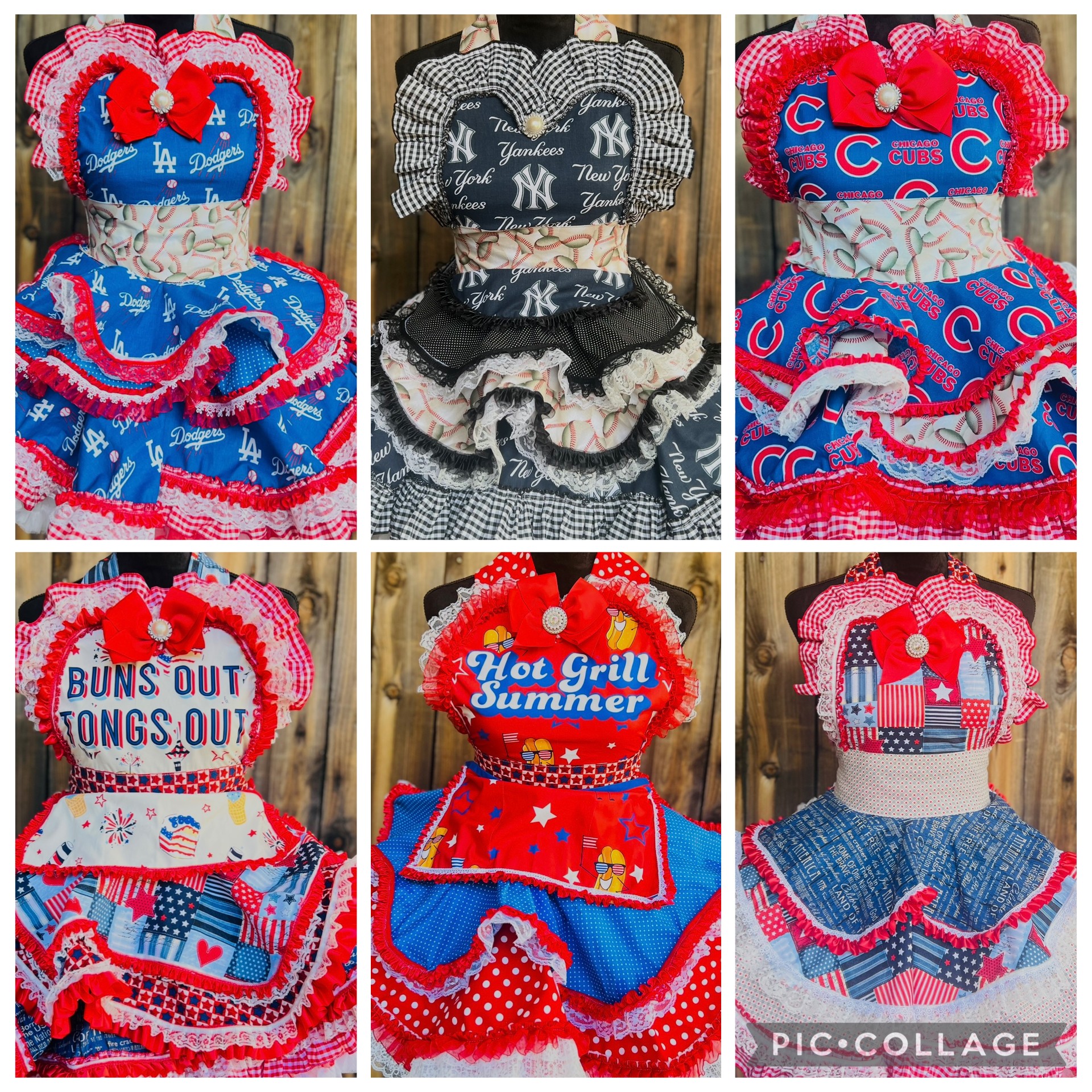 Six decorated dresses with patriotic and summer themes, featuring red, white, blue, and various patterns, displayed on a wooden background.