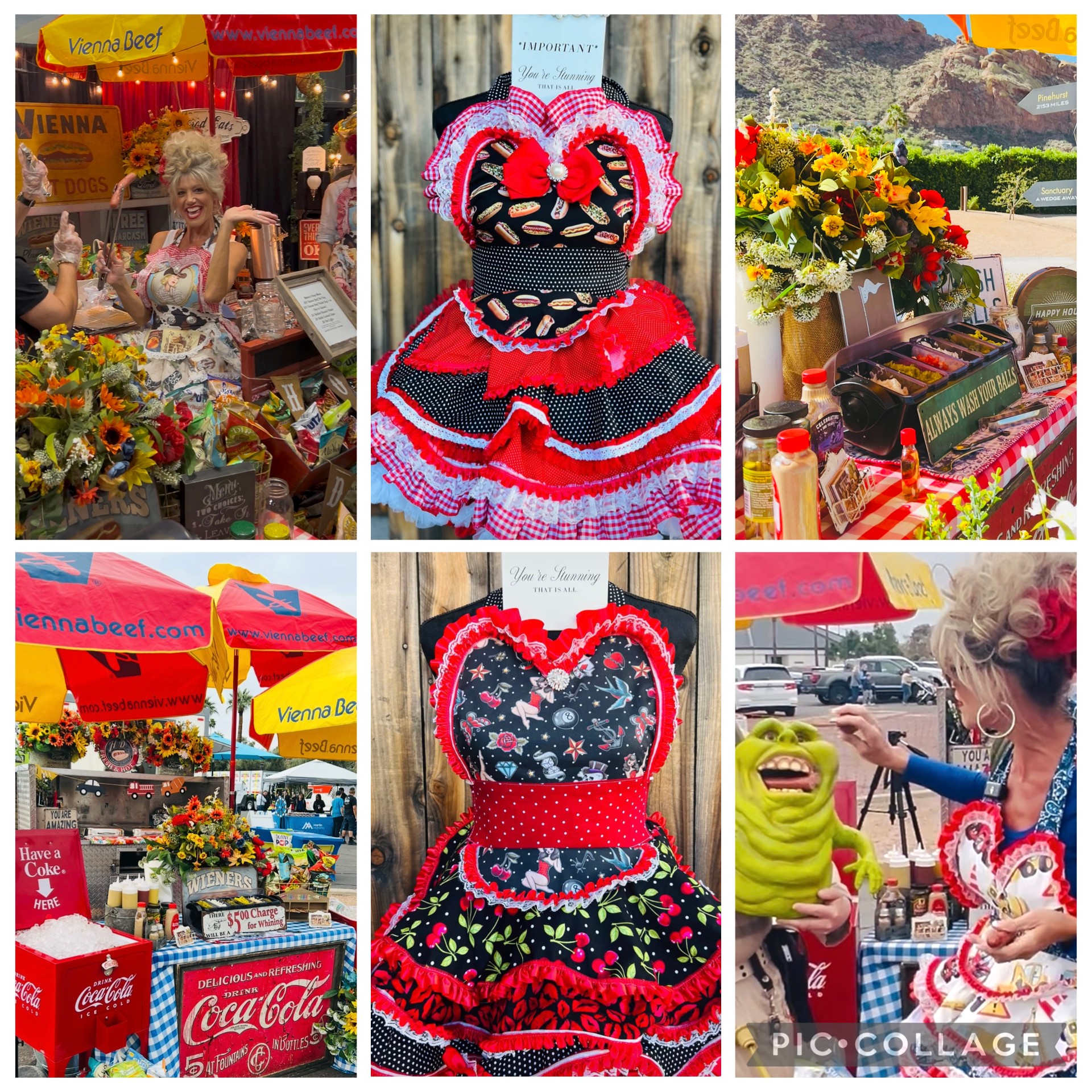 Three images of a flower stand, a decorated dress, and a woman with a puppet at an outdoor market, colorful and lively scene.