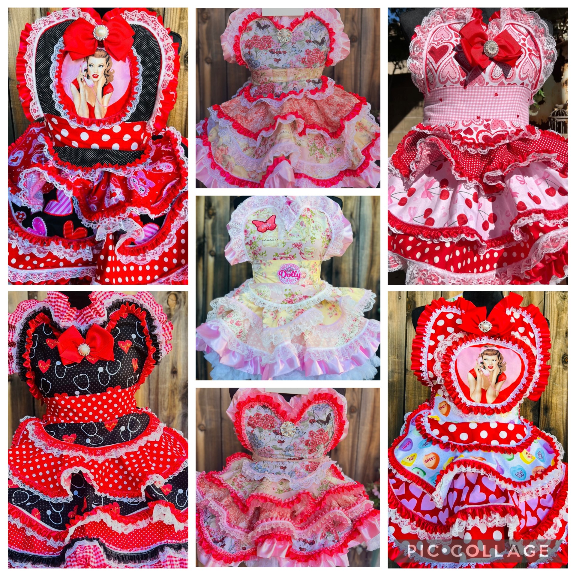 Six decorated dresses with bows, hearts, and lace, featuring various colors and patterns, displayed on mannequins or hangers.