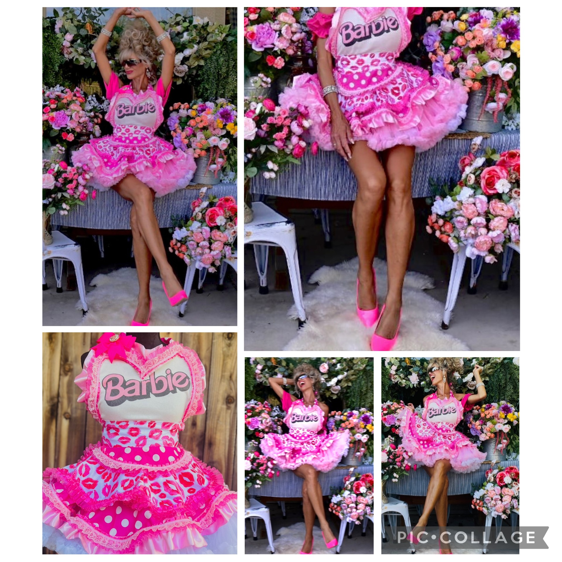 Person in pink Barbie dress sitting on a bench with flowers, with legs crossed and arms raised above head.