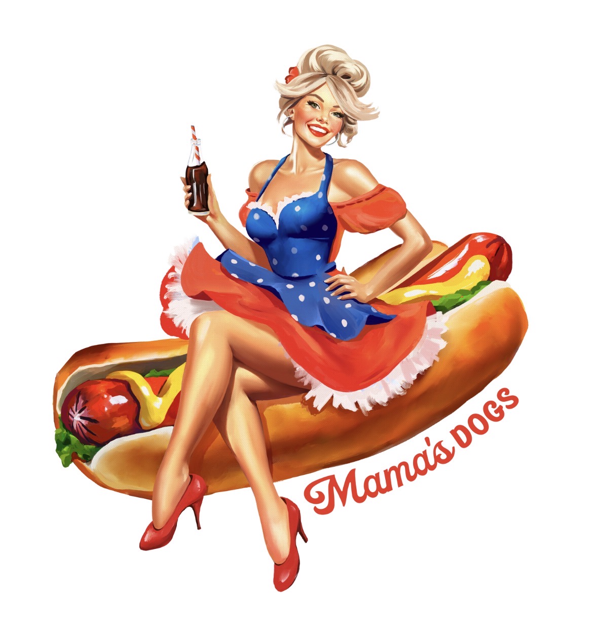 A woman in a blue polka dot dress with red accents sits on a hot dog, holding a drink with a straw, smiling.