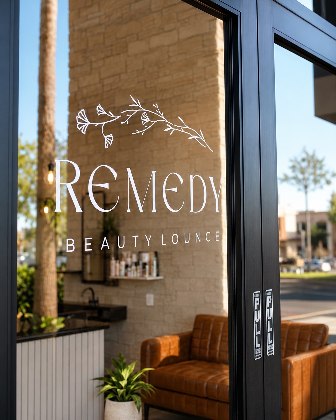 Glass door with logo for Remedy Beauty Lounge, featuring a floral design and a brown leather sofa inside.