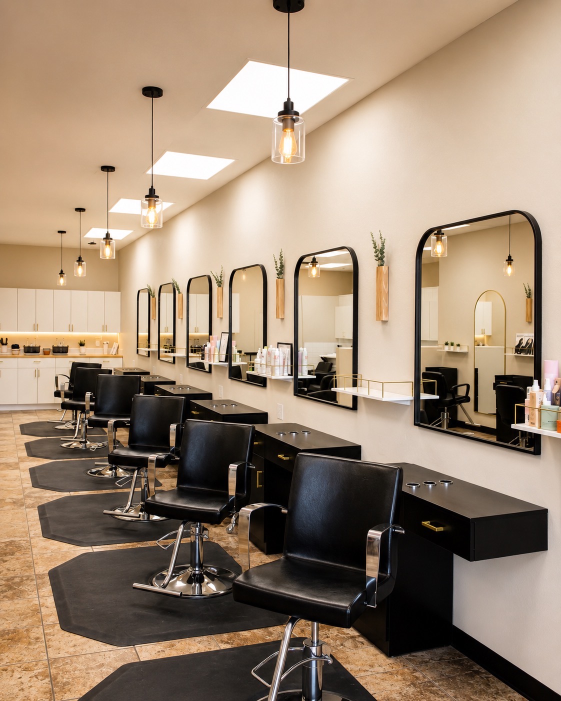 Salon with black chairs, mirrors, and pendant lights along a white wall, with a ceiling skylight and a row of workstations.