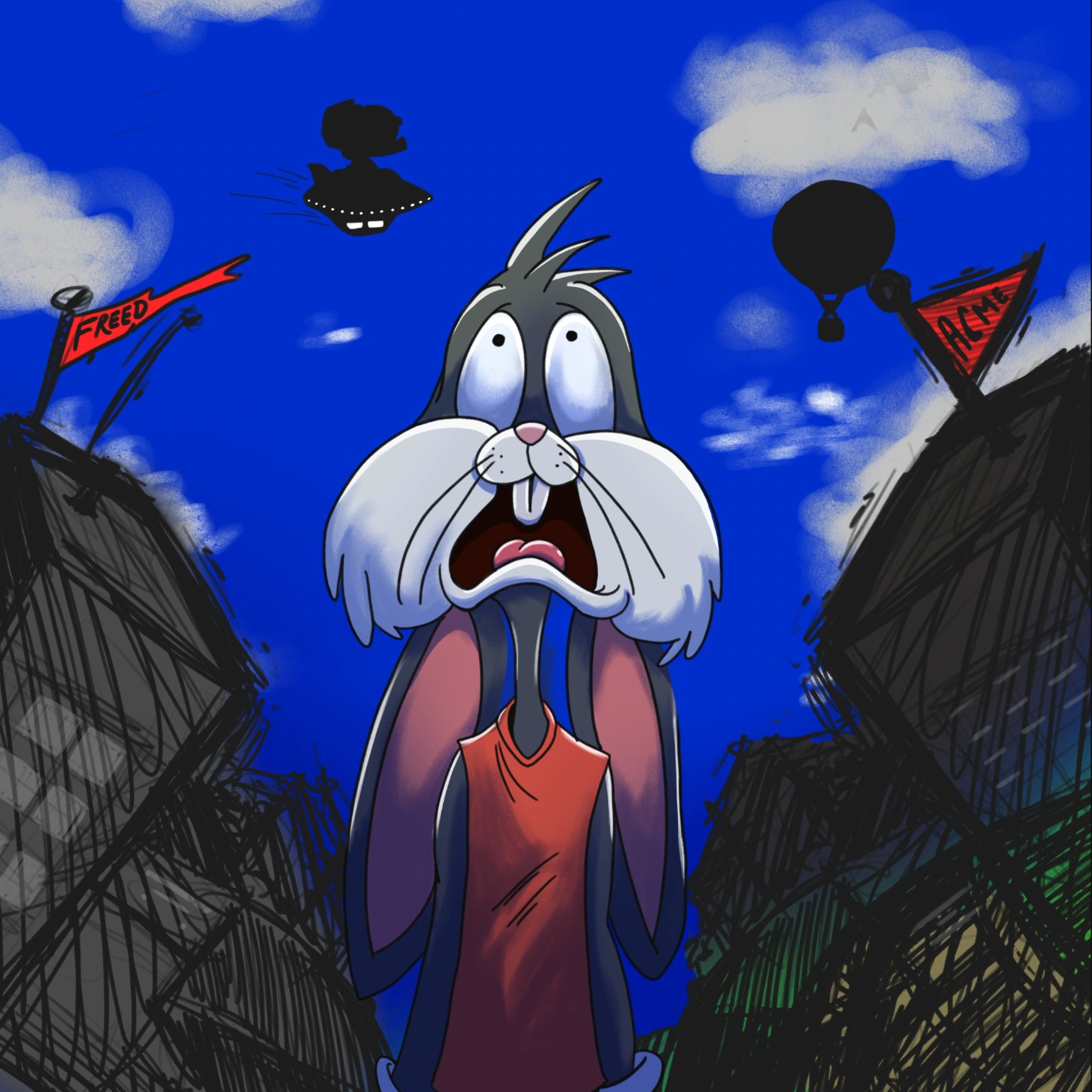 Animated rabbit with wide eyes and open mouth, surrounded by dark buildings, balloons, and a flying UFO against a blue sky.