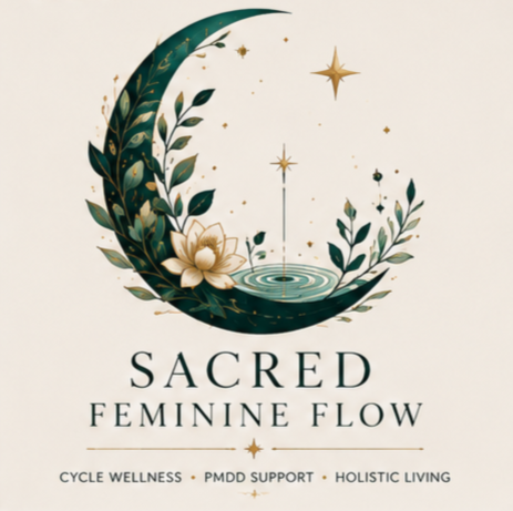 Decorative crescent moon with floral and star elements, text reads Sacred Feminine Flow, supporting wellness and holistic living.