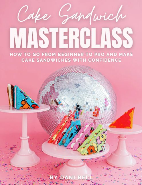 Pink background with cake sandwiches on white stands, a disco ball, and text about a cake sandwich masterclass.