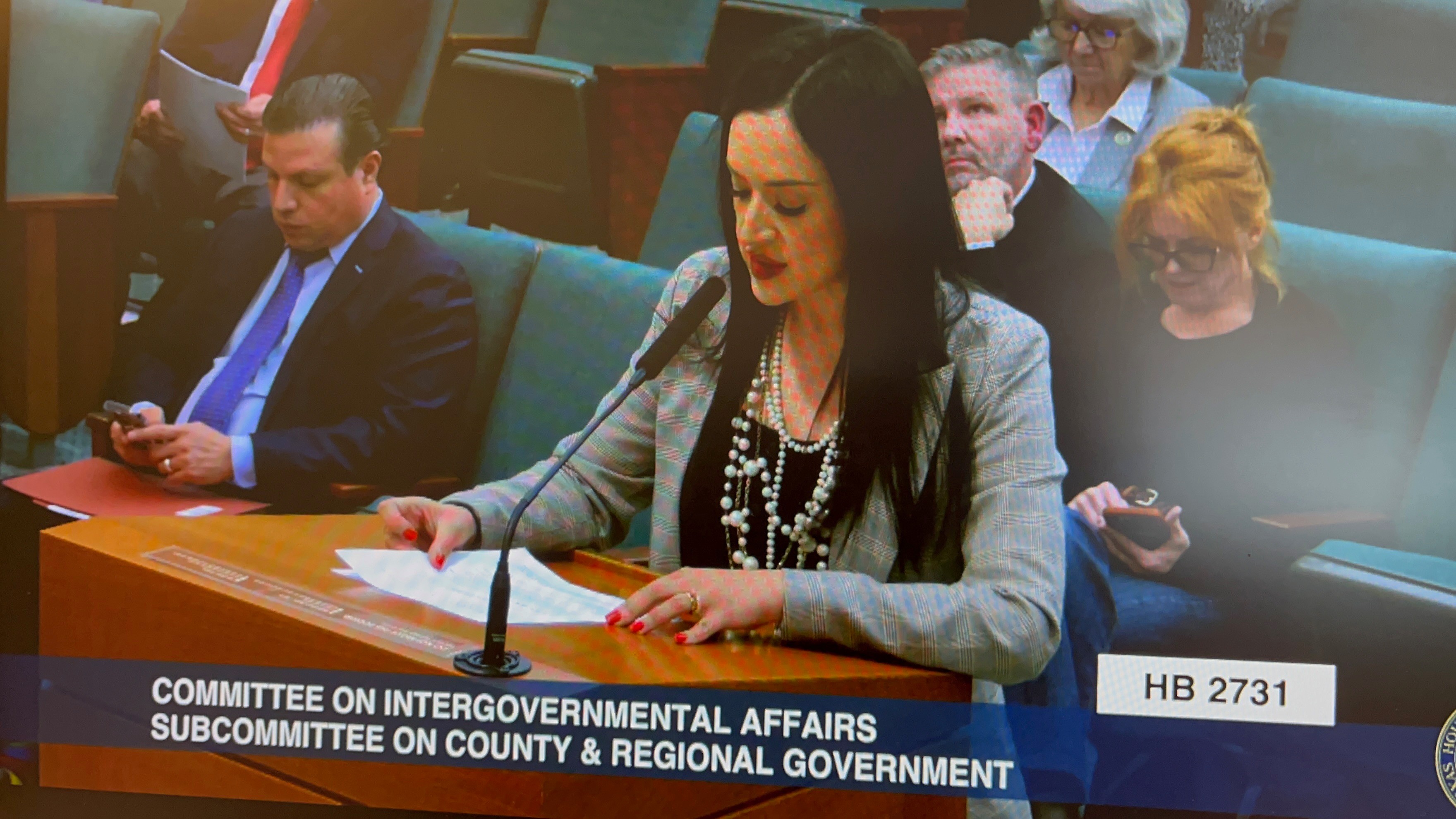 Woman speaking at a committee hearing, seated at a desk with a microphone, with people in the background.