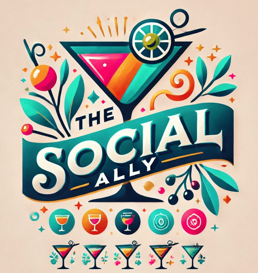 Colorful illustration of a cocktail glass with decorative leaves and stars, with the text 'The Social Ally' in bold letters.
