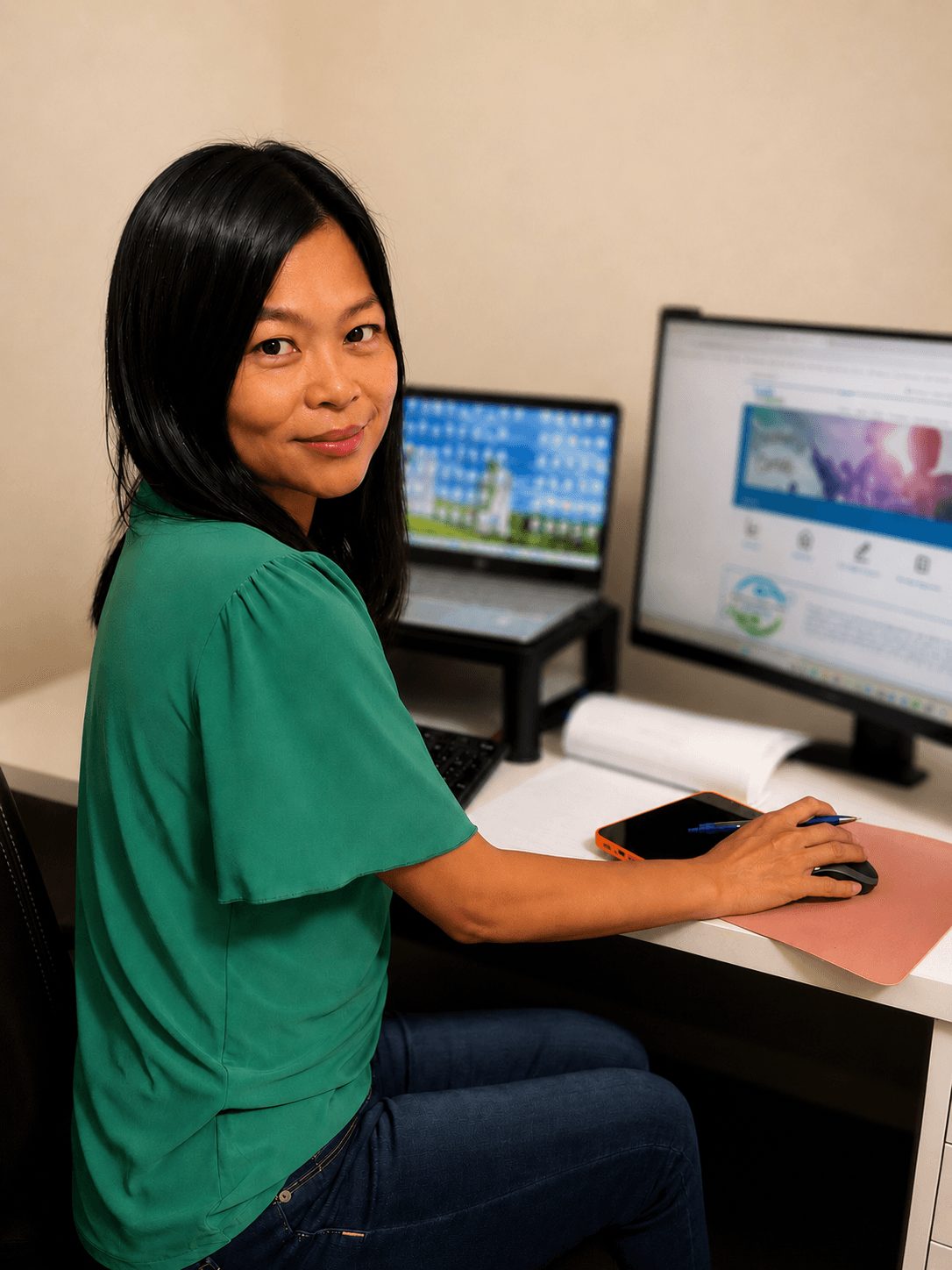 Woman with black hair in green top sitting at desk with two computer monitors, one displaying a website, in an office.