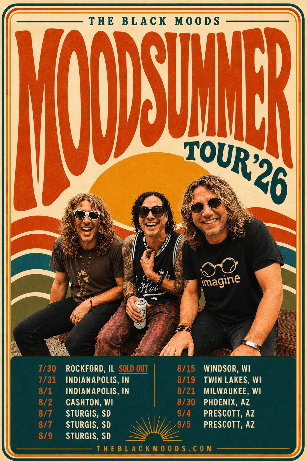 Three people with sunglasses smiling, holding drinks, in front of a colorful vintage-style poster for Moodsummer Tour 26.