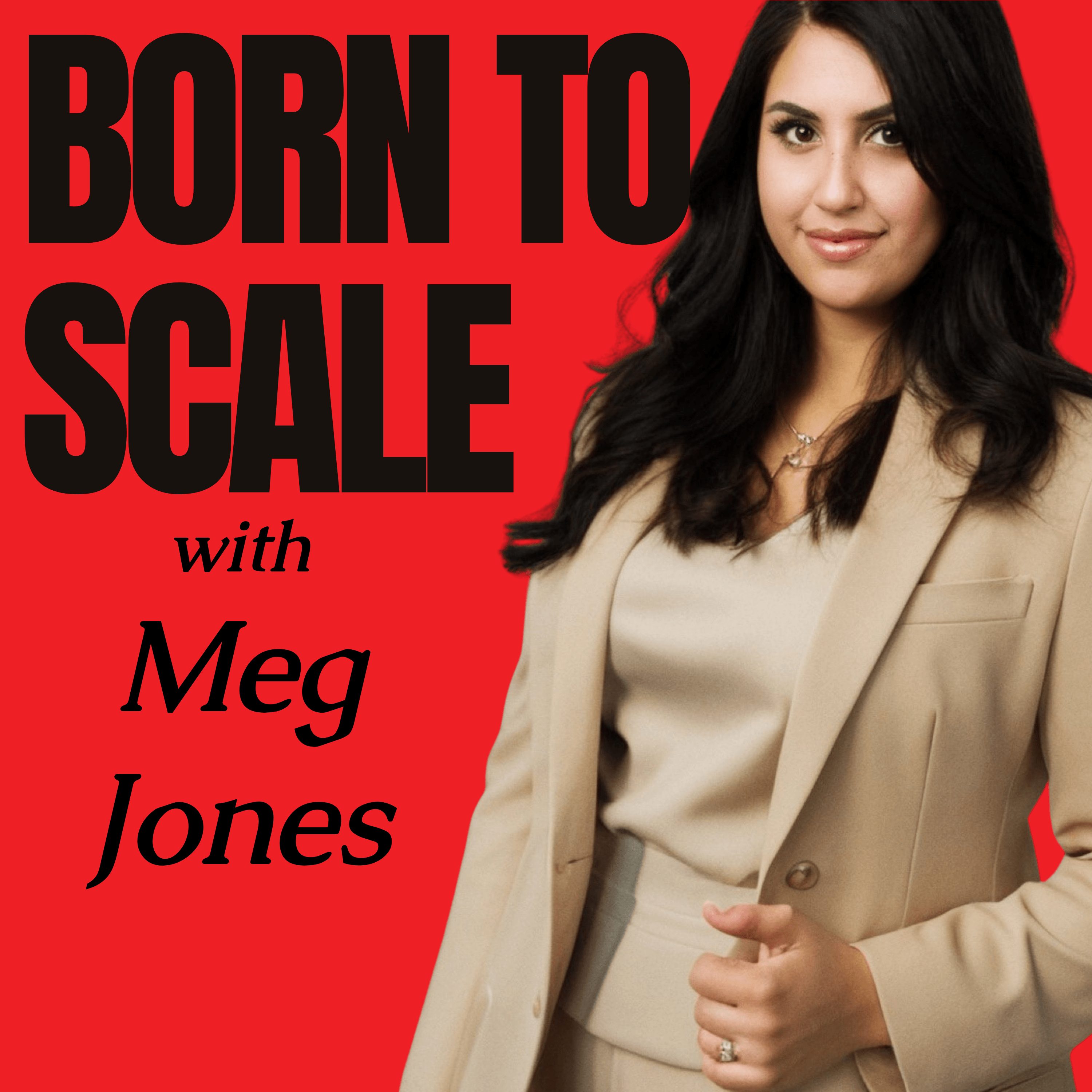Woman with dark hair in beige blazer and top, smiling, against red background with bold black text, promoting a show with Meg Jones.