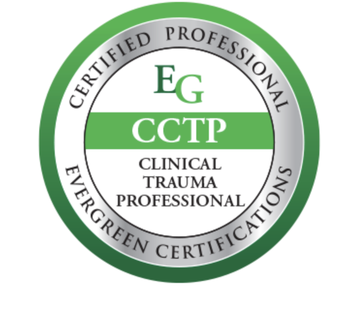 Circular certification badge with green, white, and black text, reading 'Certified Professional Clinical Trauma Professional,' with 'EG' and 'CCTP' in the center.