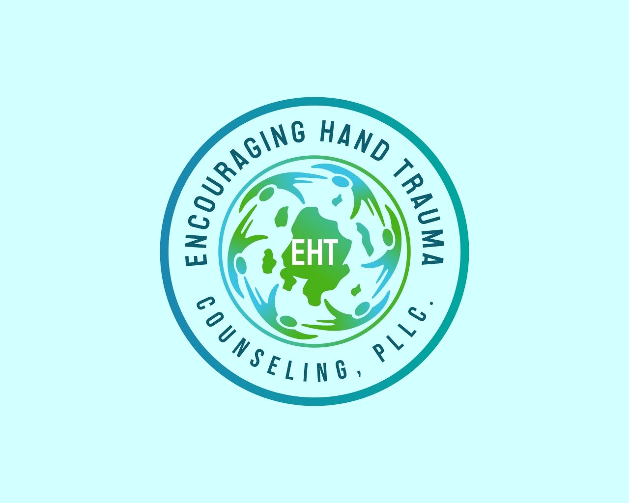 Logo with a globe and hands, text encircling it, promoting hand trauma counseling, with a light blue background.