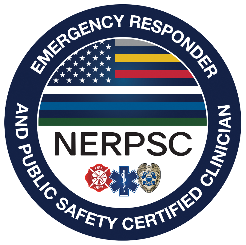 Circular badge with American flag, colored stripes, and text indicating emergency responder and public safety certification, with logos at the bottom.
