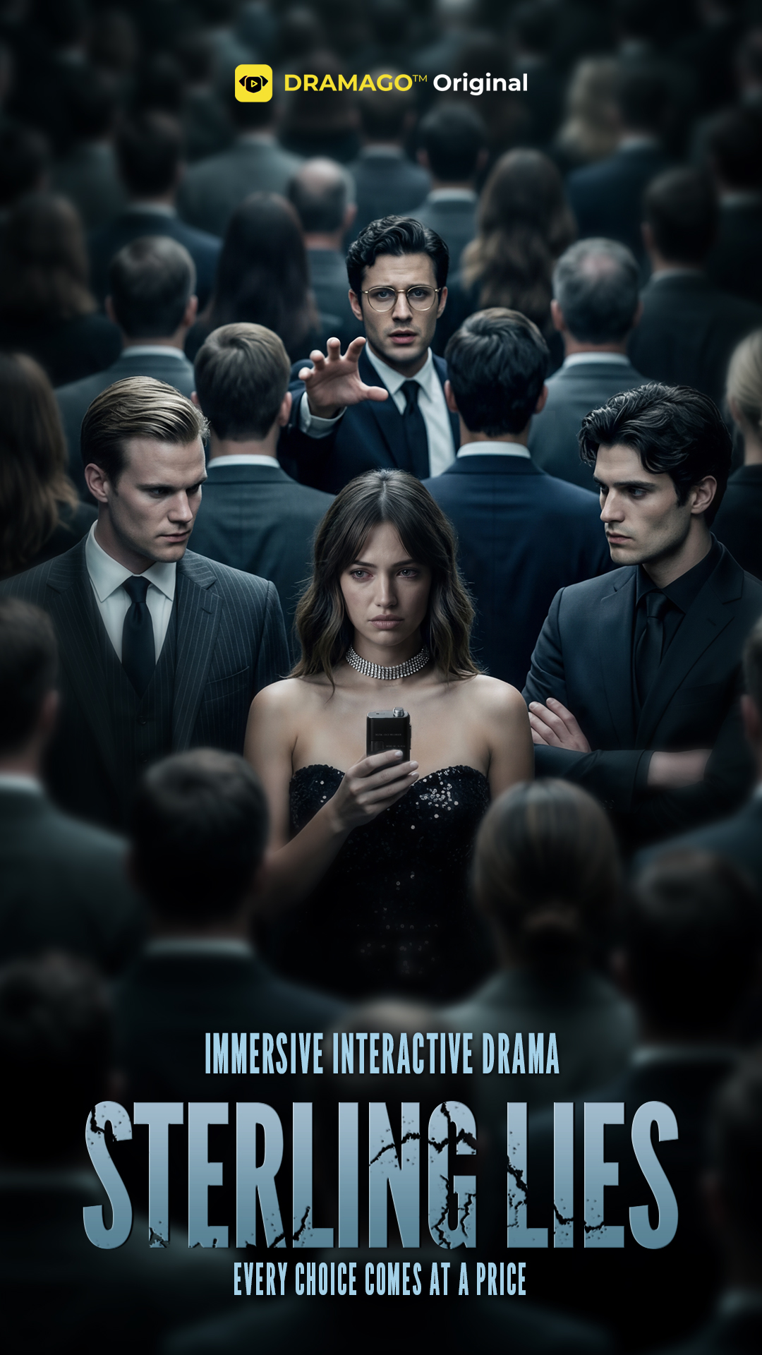 A man in a suit points at the camera surrounded by people, with a woman looking at her phone in the foreground.