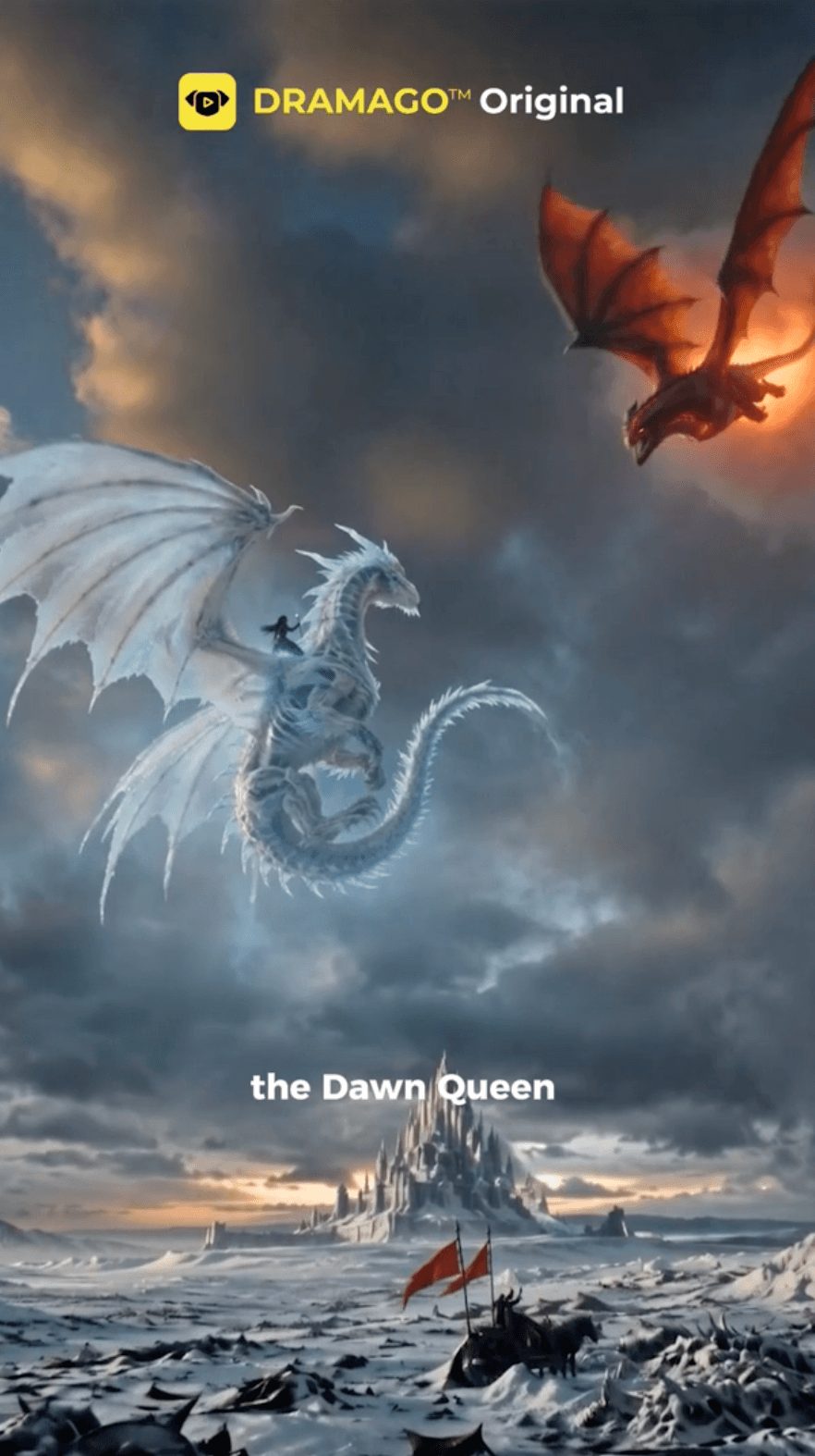A dragon with white wings and a blue body flying over icy landscape with a castle in the background.