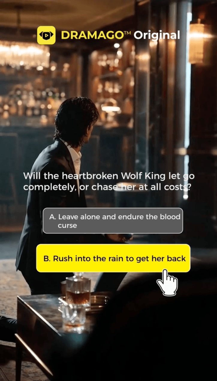 Person sitting at a table in a dimly lit restaurant or bar, with city lights visible outside the window, and a cursor over a yellow option.