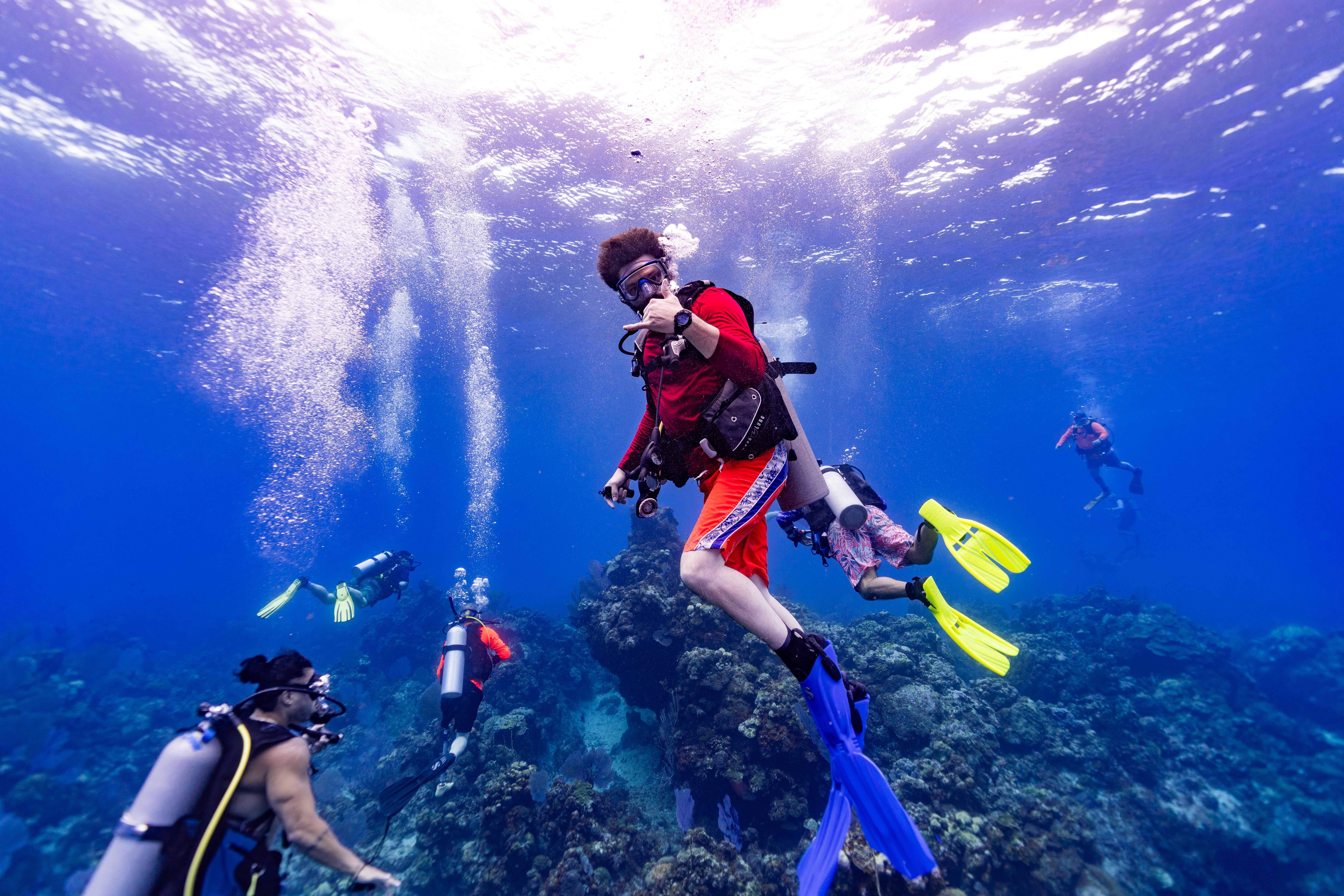 Group of people scuba diving underwater over coral reef, wearing masks and fins, surrounded by blue water and bubbles.