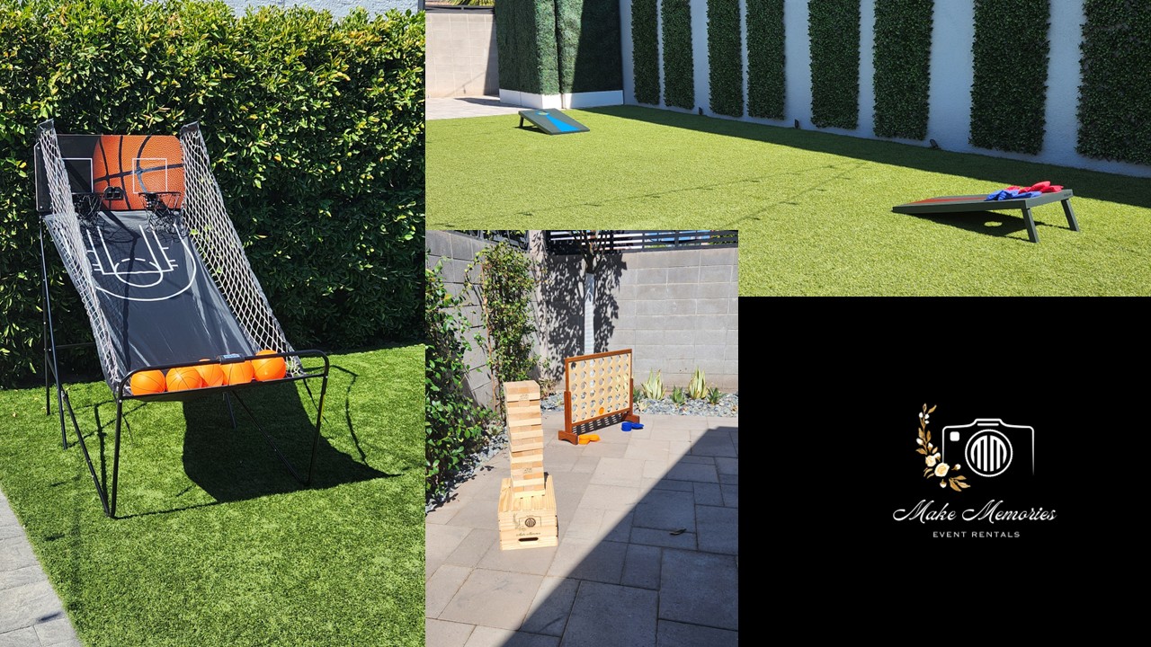 Three outdoor scenes: a basketball hoop on a grassy lawn, a lounge chair on a lawn, and a bench on a paved area.