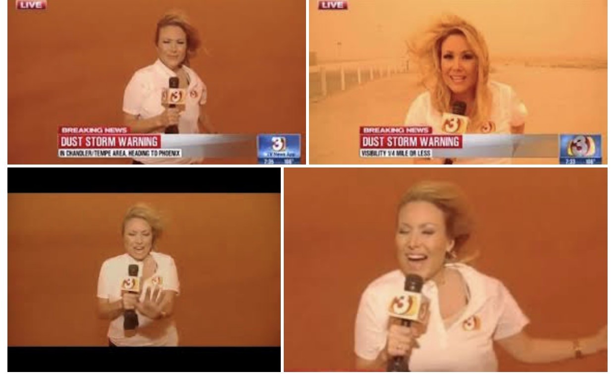 Four images of a female news reporter with a microphone, reporting in a desert-like environment, with a news banner at the bottom.
