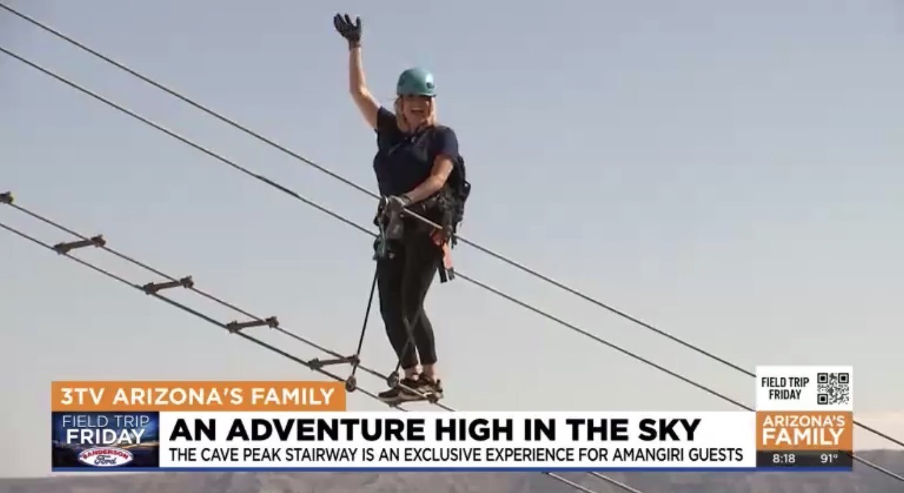 Person wearing helmet and gloves standing on a high wire, holding onto a safety line, sky in background.