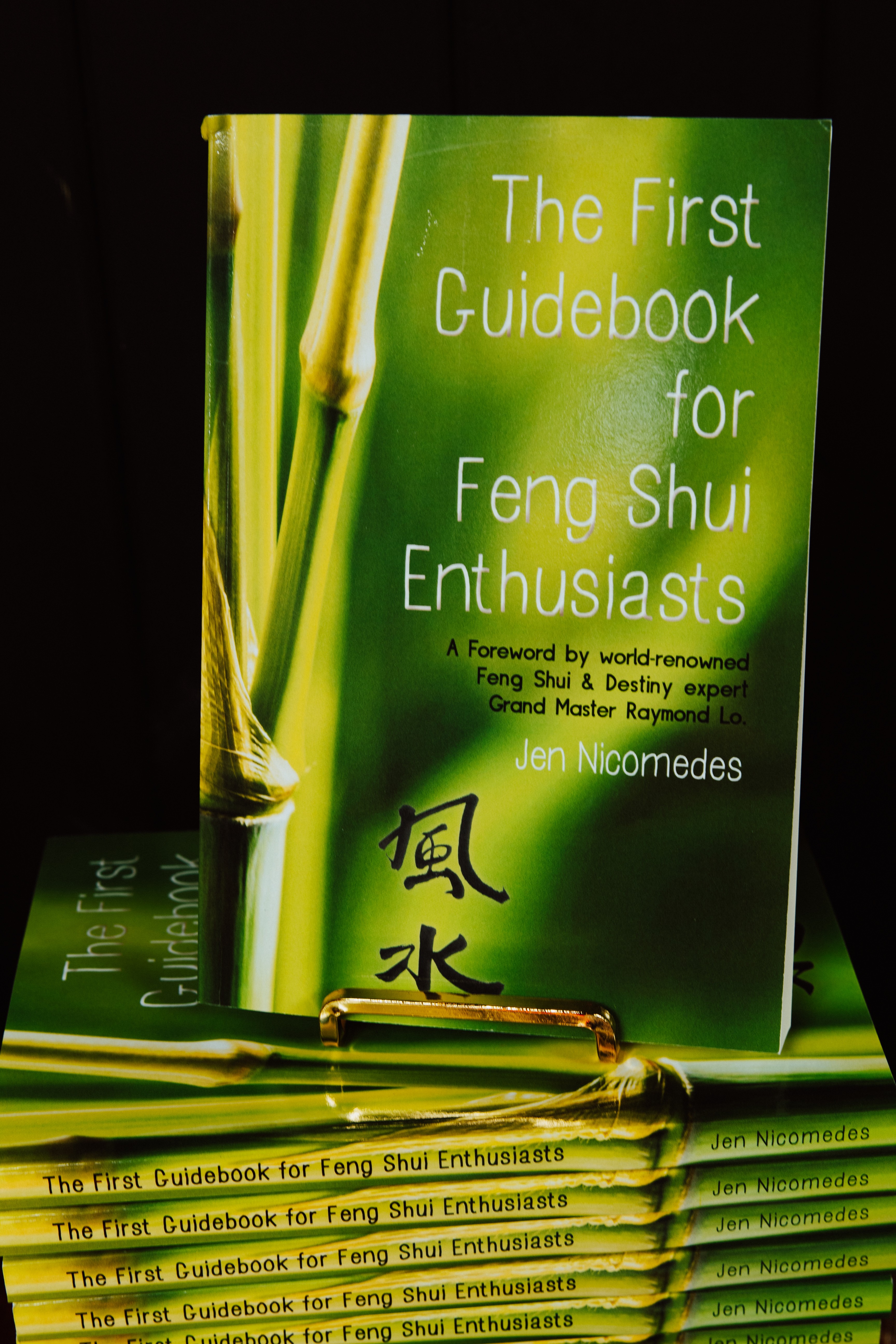 Green book titled 'The First Guidebook for Feng Shui Enthusiasts' with bamboo images, stacked on a surface.
