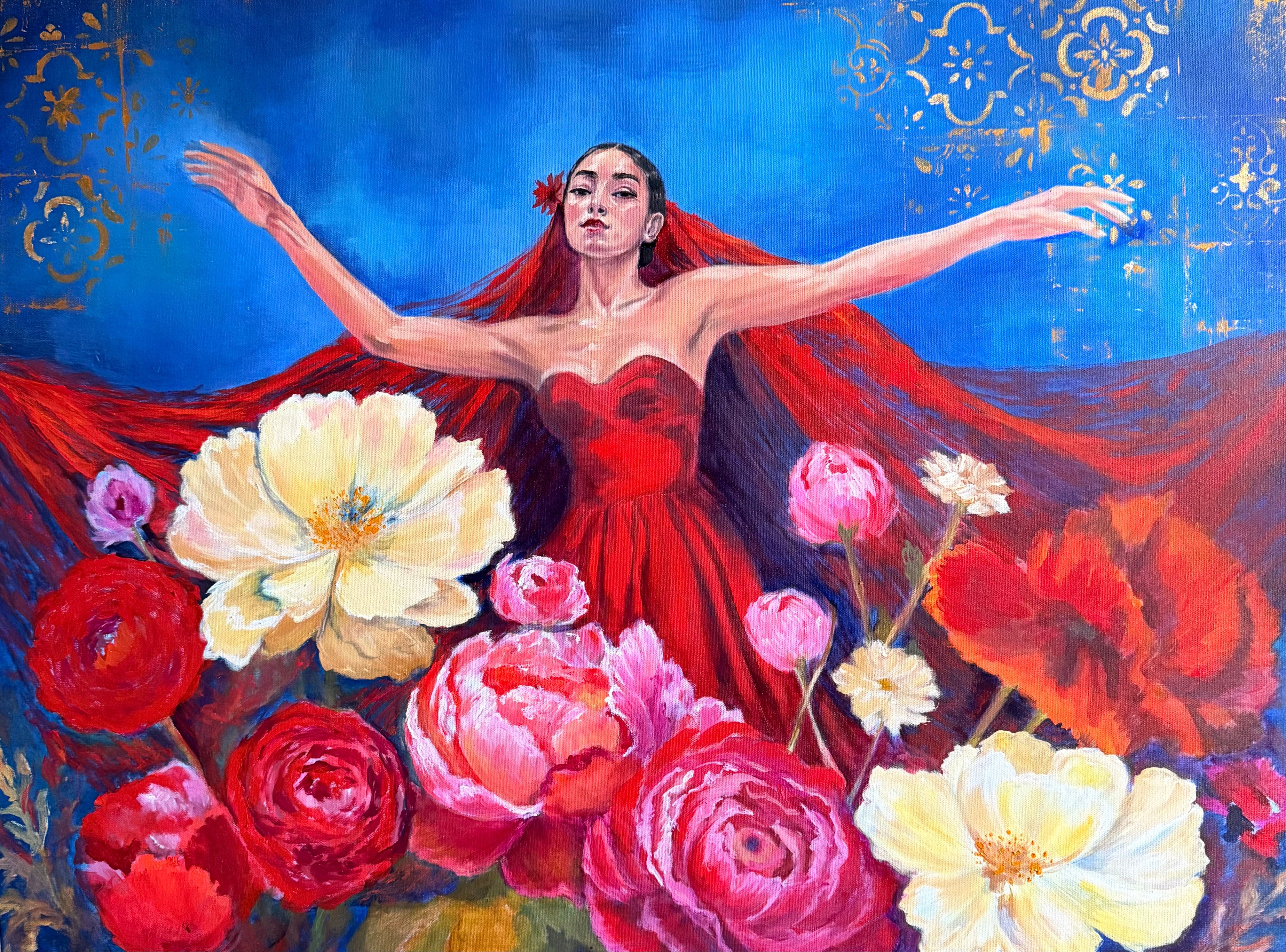 A woman in a red dress with arms outstretched, surrounded by large colorful flowers, against a blue background with gold patterns.