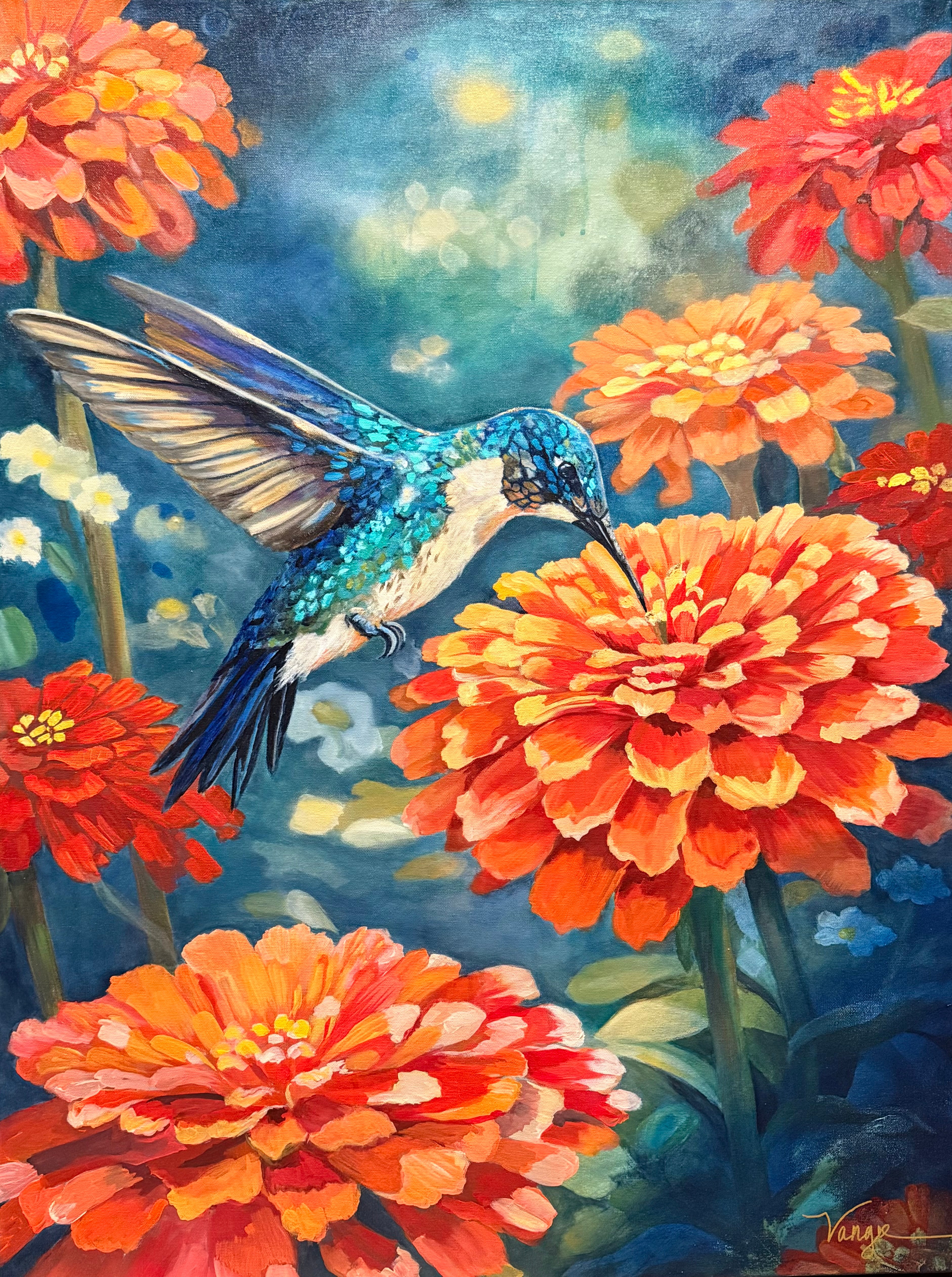 Hummingbird with blue and white feathers near orange flowers in a colorful garden scene.
