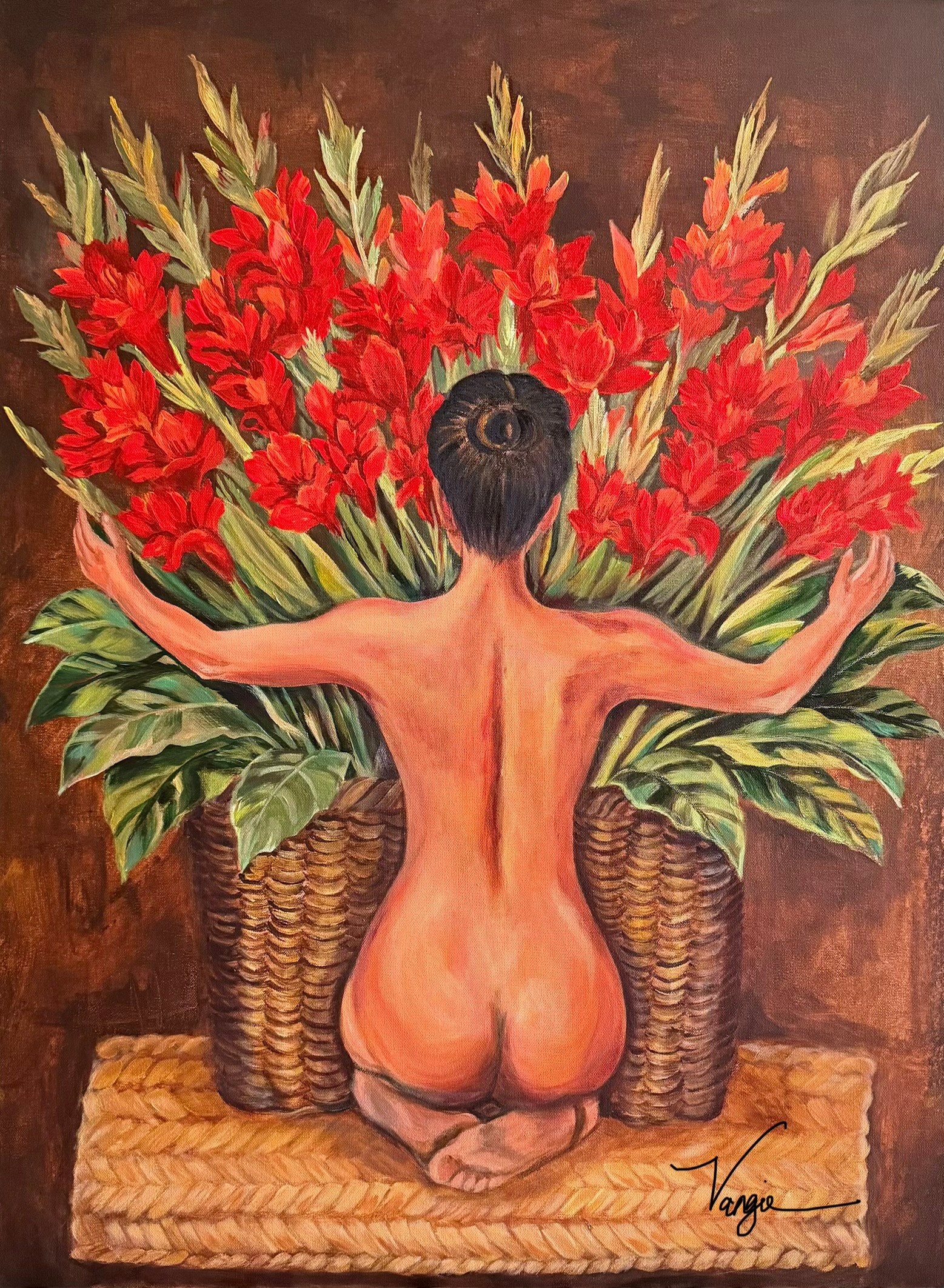 Nude person kneeling with arms outstretched in front of large basket of red flowers, back view, in warm tones.