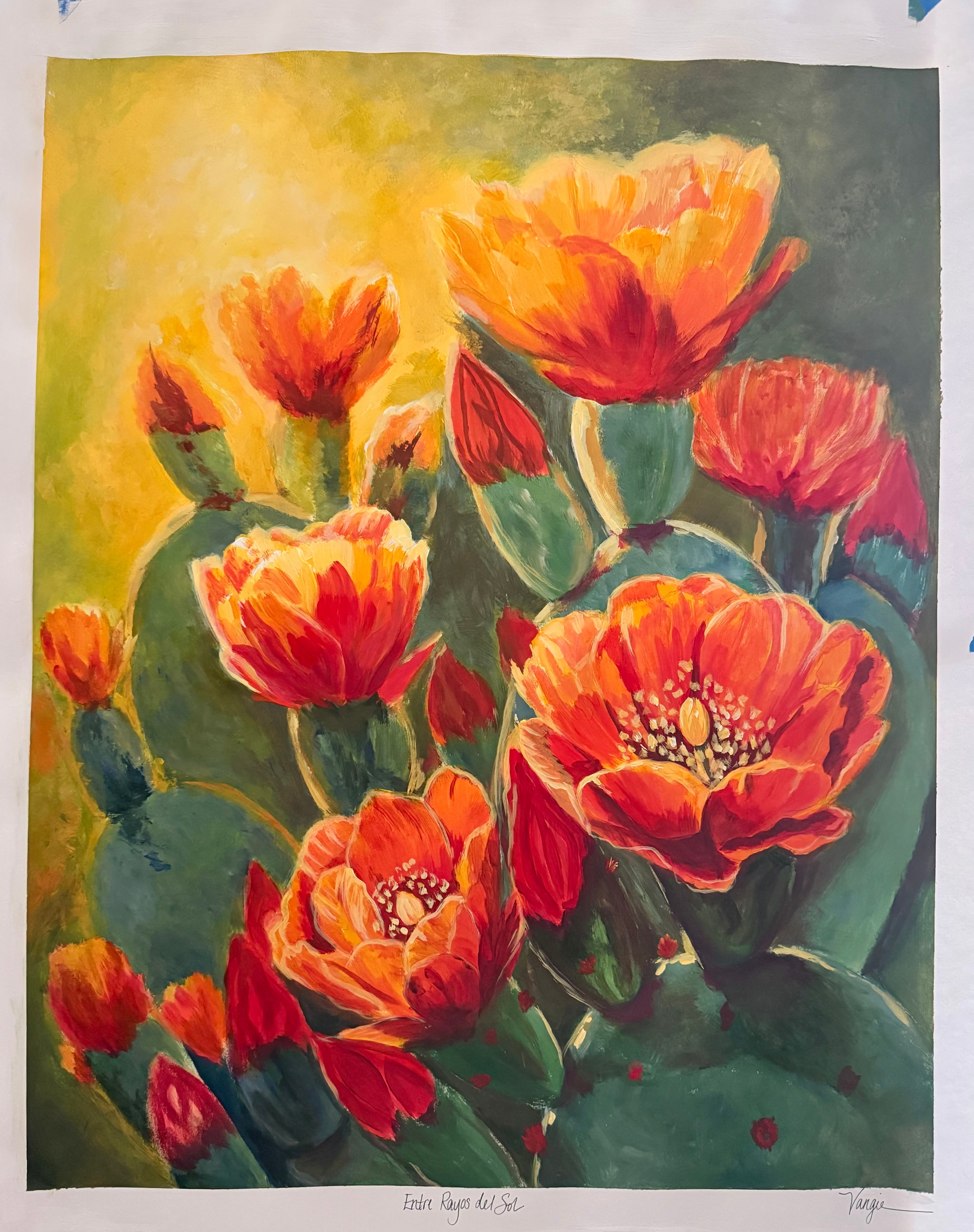 Watercolor painting of orange and red poppies with green leaves, background blending yellow and green hues.