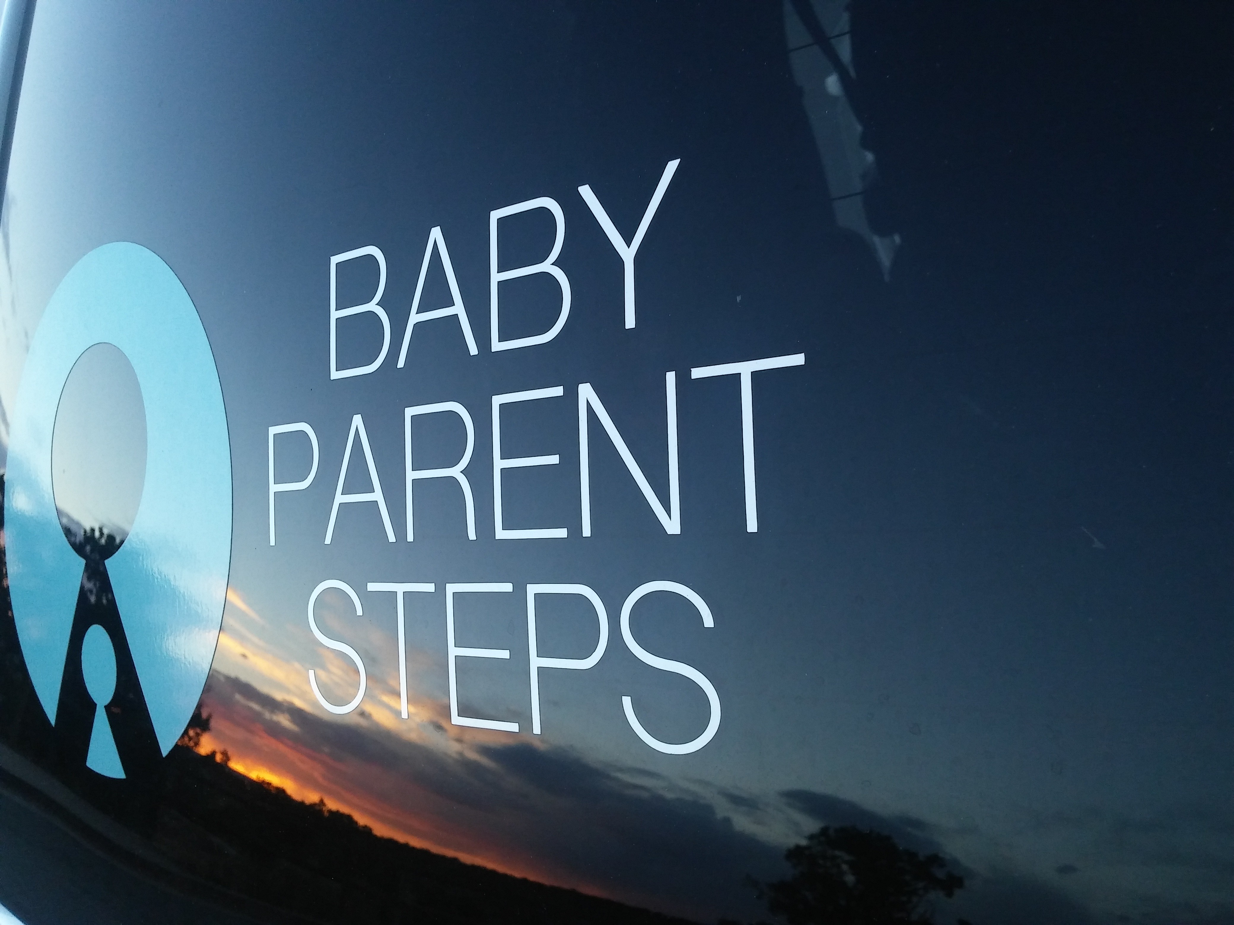 Text reads 'BABY PARENT STEPS' with a logo of a baby rattle on a reflective surface showing a sunset sky.