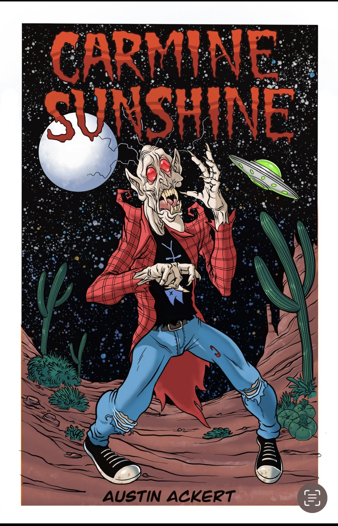 A skeleton with a skull face wearing a red jacket and blue jeans, standing in a desert landscape with cacti, stars, and planets in the background, and the text 'CARMINE SUNSHINE' at the top.