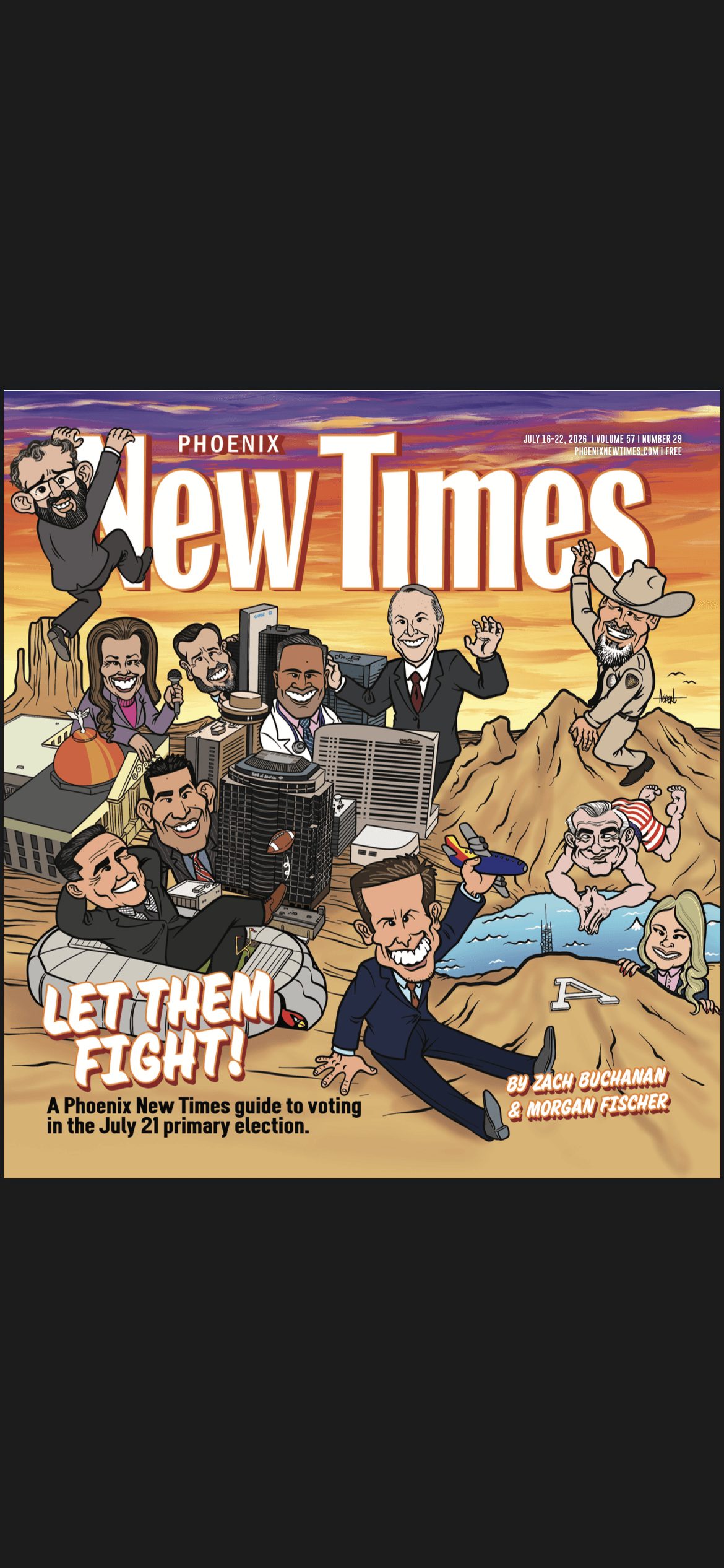 Magazine cover titled 'New Times' with cartoon characters fighting in a desert setting, some using computers, others in costumes.