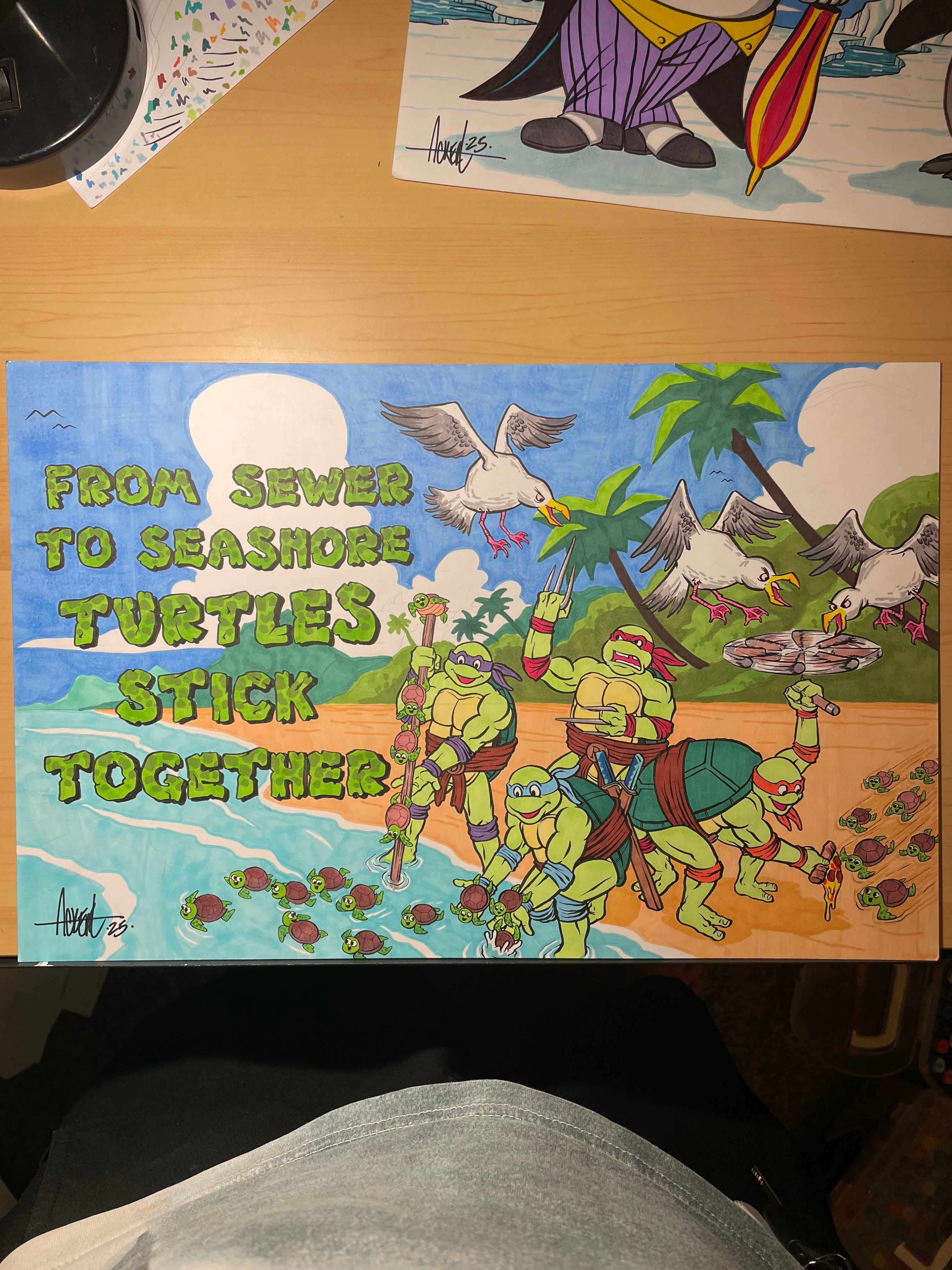 Colorful illustration of turtles and people planting trees with a message about environmental conservation, with clouds and birds in the sky.