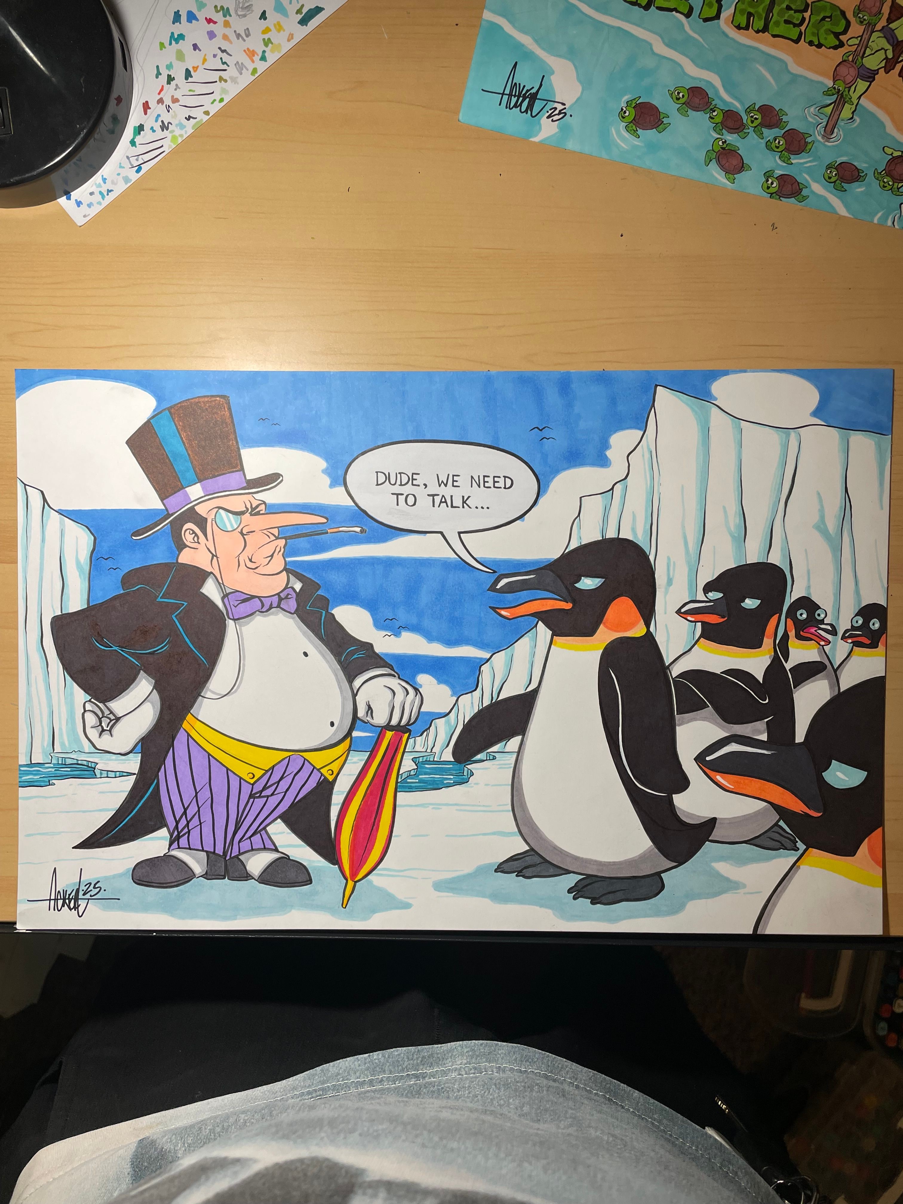 Cartoon man with top hat and purple scarf talking to penguins on ice, with a speech bubble, in a snowy landscape.
