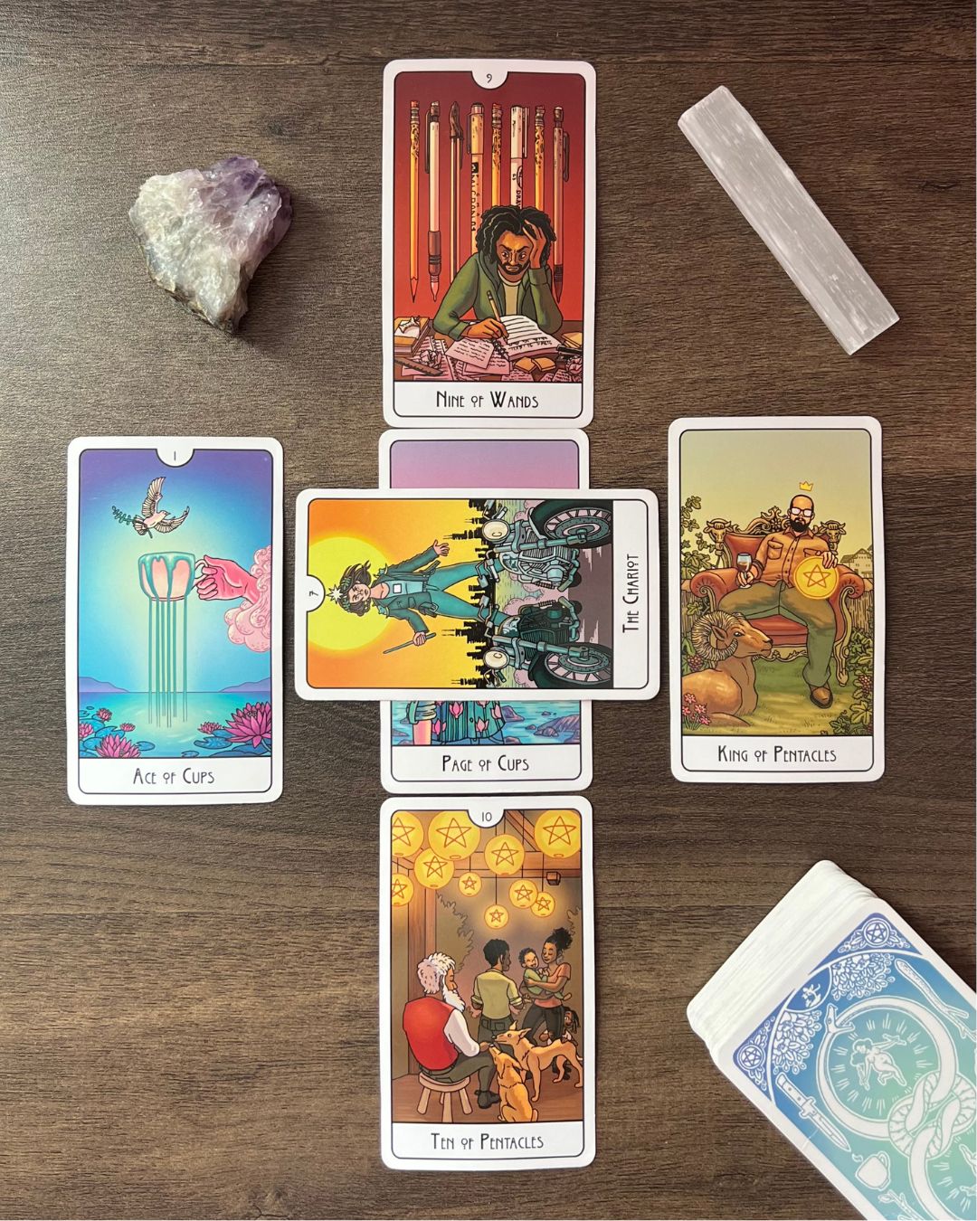 Six tarot cards arranged in a cross pattern on a wooden surface, with a crystal, a clear quartz, and a deck of cards nearby.