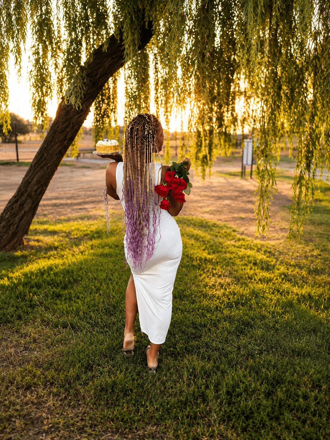 Woman with long, colorful hair holding a bouquet of red roses walking on grass near a tree at sunset.